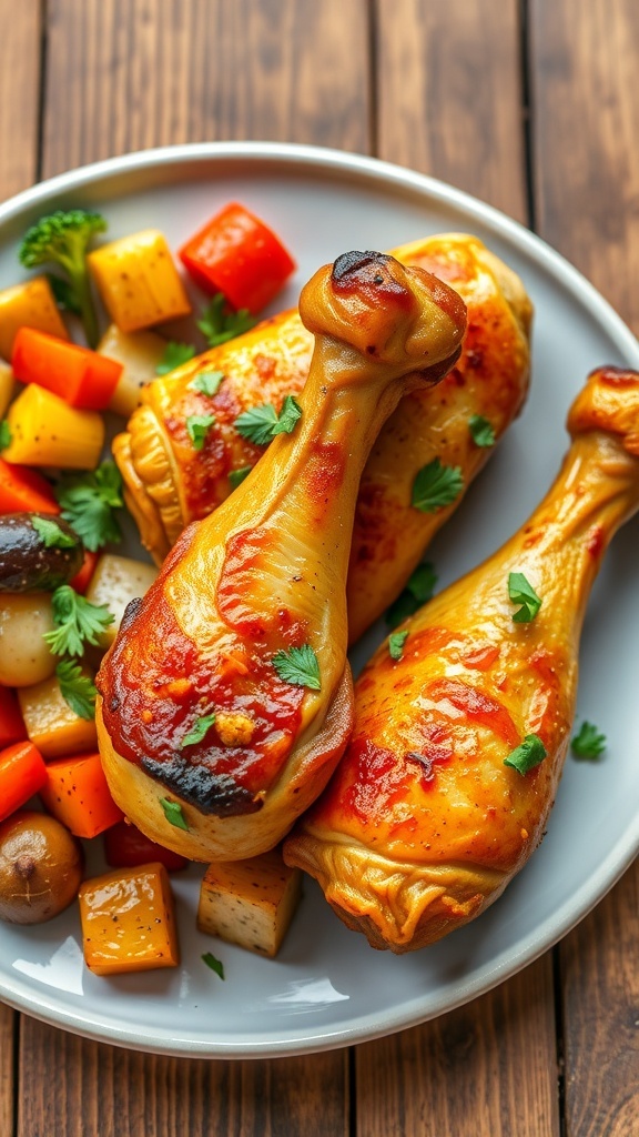 Baked chicken drumsticks on a plate, garnished with herbs, with roasted vegetables on the side.